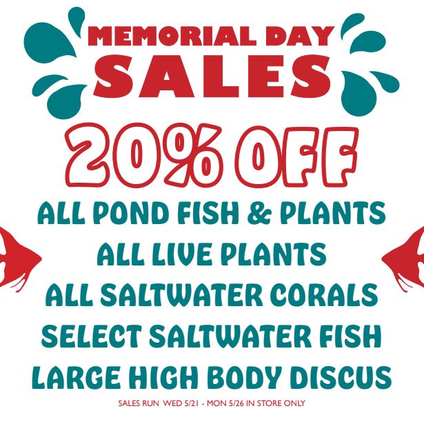 Memorial Day Sales advertisement with bold red and teal text, offering 20% off all pond fish, live plants, saltwater corals, select saltwater fish, and large high body discus. Sale dates: 5/21–5/26.