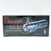 Box of AQUATOP UV sterilizer with fountain kit, showcasing the adaptable UVCP-13 pump. The packaging features an image of the cylindrical device with text indicating model number UVFK-13.