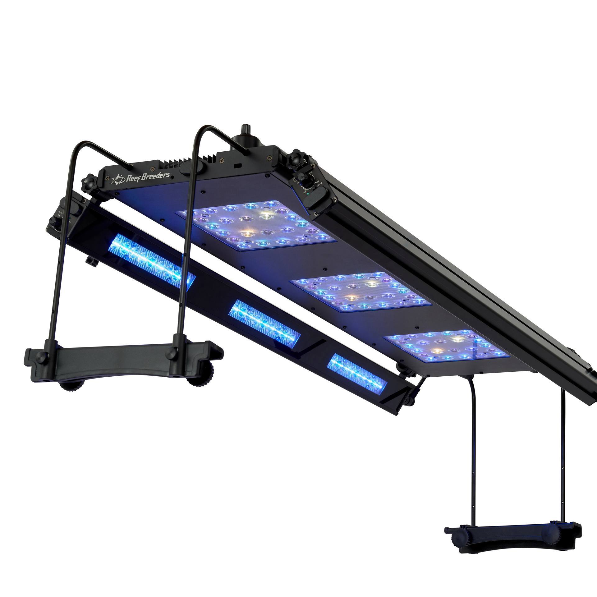 A black rectangular LED aquarium light fixture with multiple blue and white LEDs, featuring adjustable brackets for mounting and two hanging cables attached to the ends.