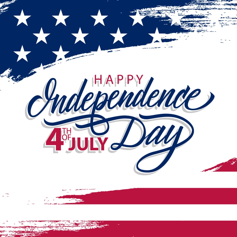 Graphic with U.S. flag elements and text that reads Happy Independence Day, 4th of July in decorative blue and red lettering on a white background.