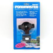 A retail package for a Supreme Pondmaster Adjustable 3-Way Valve, featuring a black plastic valve. The blue packaging includes product information and a pond image at the bottom right. Price tag is visible on the valve.