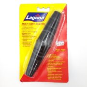 A packaged Laguna multi-hose adapter for connecting two hoses, with black ribbed plastic adapter visible. The packaging has red and yellow colors, with a price sticker showing $7.99.