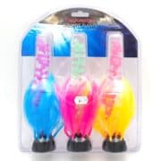 Three colorful artificial aquarium plants in blue, pink, and yellow with black bases are packaged together in clear plastic under the Aquatop brand labeled Aquatic Plants.