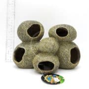 A cluster of five hollow, textured, rock-like aquarium decorations with large openings, placed in front of a ruler for scale. A round tag with colorful graphics is attached at the base.