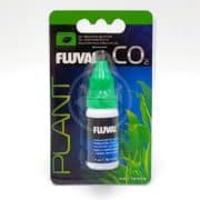 A small 10 mL bottle of Fluval CO2 indicator solution with a green cap is displayed in plastic packaging labeled PLANT and Fluval CO2, featuring plant graphics and product information.