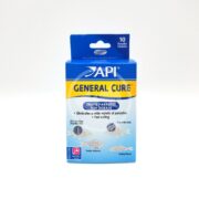 The image features a blue box of API GENERAL CURE 10 PACKETS, designed for quick and effective treatment of parasitic fish diseases, with fish illustrations and detailed product information.