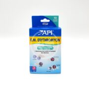 The API E.M. ERYTHROMYCIN 10 PACKETS are used to treat fish bacterial diseases with symptoms like bulging eyes, mouth fungus, gill disease, and fin rot. Images illustrate these issues on the blue box packaging.