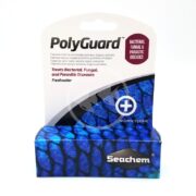The SEACHEM POLYGUARD 10 GM (0.35 OZ) packaging for treating freshwater bacterial, fungal, and parasitic diseases showcases a blue textured design with the Seachem logo and a plus symbol.