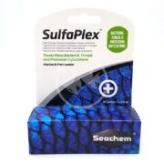The SEACHEM SULFAPLEX 10 GRAM (0.35 OZ) packaging features a blue scale-like design and is formulated to treat bacterial, fungal, and protozoan infestations in marine and freshwater settings, emphasizing its targeted treatment properties for effective results.
