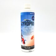 A 16oz (473ml) bottle of Hikari CyroPro medication treats diseases from external parasites in ponds, freshwater, and marine aquariums, featuring fish images and net weight details on the label.