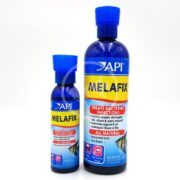 Displayed are two bottles of API MELAFIX, a 16 fl oz and a 4 fl oz. Both have blue bottles with yellow labels, highlighting their function in treating bacterial infections in fish using tea tree extract.