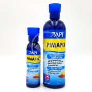Two API PIMAFIX bottles, with blue and yellow labels, highlight their effectiveness against fungal infections in fish. One contains 16 fl oz and the other holds 4 fl oz.
