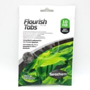 The SEACHEM FLOURISH 10 TABS, in a white package with green accents and an image of aquatic plants, is a gravel bed supplement for planted aquariums featuring an improved formula.
