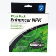 The SEACHEM PLANT PACK ENHANCER NPK LEVEL 2, packaged in green and white with plant designs, contains Flourish Nitrogen, Phosphorus, and Potassium for effective aquarium plant care.