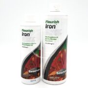 Two bottles of SEACHEM FLOURISH IRON, an essential iron supplement for planted aquariums: a 250 mL and a 500 mL bottle. Each features a white background with green and red designs and a photo of vibrant aquarium plants.