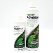 Displayed are two sleek white bottles of SEACHEM FLOURISH ADVANCE, adorned with vibrant green plant imagery and clear black and green text, embodying aquatic vitality for planted aquariums.