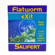 The SALIFERT FLATWORM EXIT packaging displays a bold blue and purple design, featuring the text Reef Safe, and Treats Up to 300 Gallons (1200 L), alongside an illustration of vibrant fish swimming among lush coral reefs.