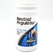 White plastic container labeled SEACHEM NEUTRAL REGULATOR 250 GM adjusts pH to 7.0, removes chlorine and chloramine, detoxifies ammonia. A colorful fish image on the label enhances its appeal.