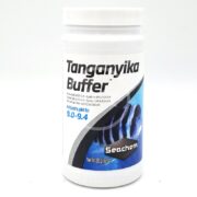 The SEACHEM TANGANYIKA BUFFER 250 GM comes in a white container featuring a bold blue and black fish design. It expertly raises pH to 9.0-9.4, showcasing the trusted Seachem brand on its label.