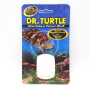The ZOO MED DR. TURTLE CALCIUM BLOCK .5 OZ features packaging with an underwater turtle image. It offers essential calcium and conditions water, all in clear plastic for optimal retention and efficiency.