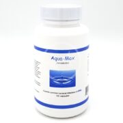 The white plastic Aqua-Mox Amoxicillin bottle features a blue and white design with a water ripple image and contains 100 capsules to control common bacterial infections in fish.