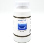 A white bottle labeled AQUA CEPH (CEPHALEXIN) with a blue water splash graphic, containing 100 capsules to treat bacterial infections in fish.