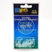 Lees Airline Conector, catalog #14500, features a blue package with white text. The clear plastic connectors are visible through the transparent cover.