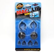 The Zoo Med MagClips blue packaging features magnetic suction cups, highlighting No More Suction Cup Failures and Lifetime/Interchangeable Magnetic Suction Cups. The blister pack includes two round black magnets and several clips.