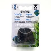 The MARINA SUCTION CUPS FOR HEATER are designed for aquarium heaters up to a 3/4 diameter. The package includes two versatile suction cups, presented against a vibrant backdrop of aquatic plants and a fish, with multilingual text.