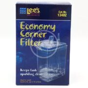 Lees Economy Corner Box Filter, Cat. No. 13402, comes in vibrant blue packaging with images of the filter and text declaring it keeps tanks sparkling clean; ideal for aquariums up to 10 gallons.