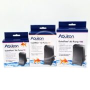 Three AQUEON QUIET FLOW AIR PUMP boxes, labeled for models 10, 40, and 100, feature sleek gray pump images with detailed product information and vibrant fish graphics on a predominantly blue and white background.