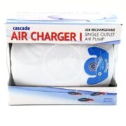 The PP Cascade Air Charger USB Air Pump box features a sleek white and blue aquarium device with fish illustrations in the bottom corner, emphasizing its role as a USB rechargeable single outlet air pump.