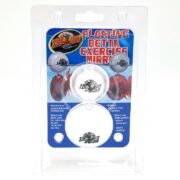 The ZOO MED FLOATING BETTA EXERCISE MIRROR, displayed in clear plastic packaging with a circular mirror and Zoo Med logo, highlights benefits such as exercise and boredom reduction for bettas, making it perfect for active fish.