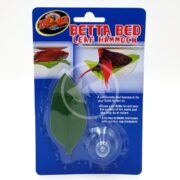 The Zoo Med Betta Bed Leaf Hammock packaging features a lush, green leaf-shaped rest spot with a suction cup for aquariums, emphasizing its naturalistic design that offers Betta fish a cozy nook near the water surface to mimic their natural habitat.