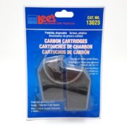 The LEES PREMIUM CARBON CART 13023 by Lees Aquarium & Pet Products comes in blue packaging with white and red text. Product details and instructions are provided in English, French, and Spanish. A clear window displays the gray cartridges inside.