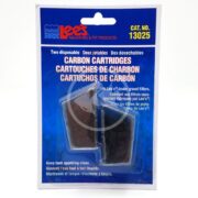 Packaging for LEES CARBON CARTRIDGES 13025 includes two disposable cartridges for aquarium filters, with a blue background displaying text in English, French, and Spanish. A clear plastic blister holds the cartridges.
