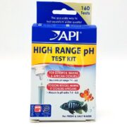 The API HIGH RANGE pH TEST KIT provides 160 tests, measuring pH from 7.4 to 8.8, suitable for goldfish, marine life, and African cichlids with both fresh and saltwater. It includes illustrated instructions.