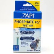 The API PHOSPHATE TEST KIT for aquariums provides 150 tests to maintain healthy water quality in fresh and saltwater environments. The box, featuring a test tube and fish, highlights its effectiveness in preventing algae growth.