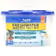 The API FRESHWATER MASTER TEST KIT includes a clear plastic container with a blue lid and offers 800+ tests for pH, high range pH, ammonia, nitrite, and nitrate. It contains test bottles, detailed instructions, and a color chart.