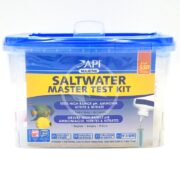 The API SALTWATER MASTER TEST KIT is housed in a plastic container with a blue lid and features fish illustrations on its label. It provides accurate testing for high range pH, ammonia, nitrite, and nitrate, ensuring over 550 reliable tests for marine aquariums.
