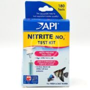 The API NITRITE TEST KIT helps prevent fish loss from high nitrite levels with tools for 180 tests, suitable for fresh and saltwater aquariums, featuring a fish illustration on the box.