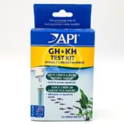 The API GH/KH Test Kit features blue and white packaging with illustrations of plants, fish, and a test vial. Its designed for freshwater aquariums to promote a natural habitat, ensuring optimal conditions for aquatic life.