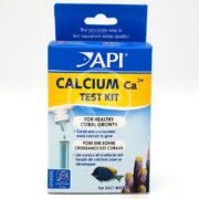 The API CALCIUM TEST KIT, in blue and white packaging with coral and test tube images, supports healthy coral growth and maintains aquarium water quality, ensuring a thriving underwater world.
