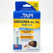 The API AMMONIA TEST KIT box shows 130 tests with a dropper, focusing on fish loss prevention. It has images of a fish and shrimp, bilingual English-French text, and is ideal for fresh and saltwater use, ensuring comprehensive aquatic care.