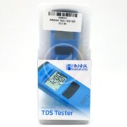 The image shows a HANNA TDS TESTER by Hanna Instruments in blue, displaying 250 on the screen. The packaging includes model number HI98301 with a price tag of $52.99.