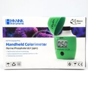 The HANNA PHOSPHATE ULTRA LOW RANGE CHECKER comes with a green handheld colorimeter featuring a clear digital display at 0.50 ppm, ideal for measuring phosphate levels in aquariums and marine biology. This compact, user-friendly device is efficient and perfect for precision measurement.