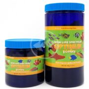Two containers of NLS OPTIMUM FLAKES fish food with blue lids display labels featuring vibrant fish images. This premium blend, suitable for both freshwater and marine environments, naturally enhances color and includes garlic for added nutrition.