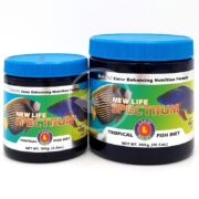 Two containers of NLS Tropical Pellets, both with vibrant fish illustrations, include a 150g and a 300g NLS TROPICAL PELLETS LG, both featuring a Natural Color Enhancing Nutrition Formula.