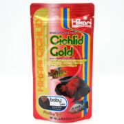 The HIKARI Cichlid Gold Baby Float 2.01 oz (57g) features a red bag with vibrant fish images, promoting its color-enhancing daily diet and highlighting the baby pellet size.