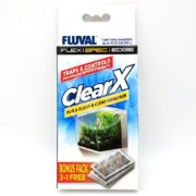 The packaging for FLUVAL CLEARX FILTER PILLOWS FLEX/SPEC/EDGE, a water treatment for aquariums up to 15 US gal (60 L), traps and controls phosphate, nitrite, and nitrate with filter pillows. It features an aquarium image and includes a bonus pack of 3+1 pads.